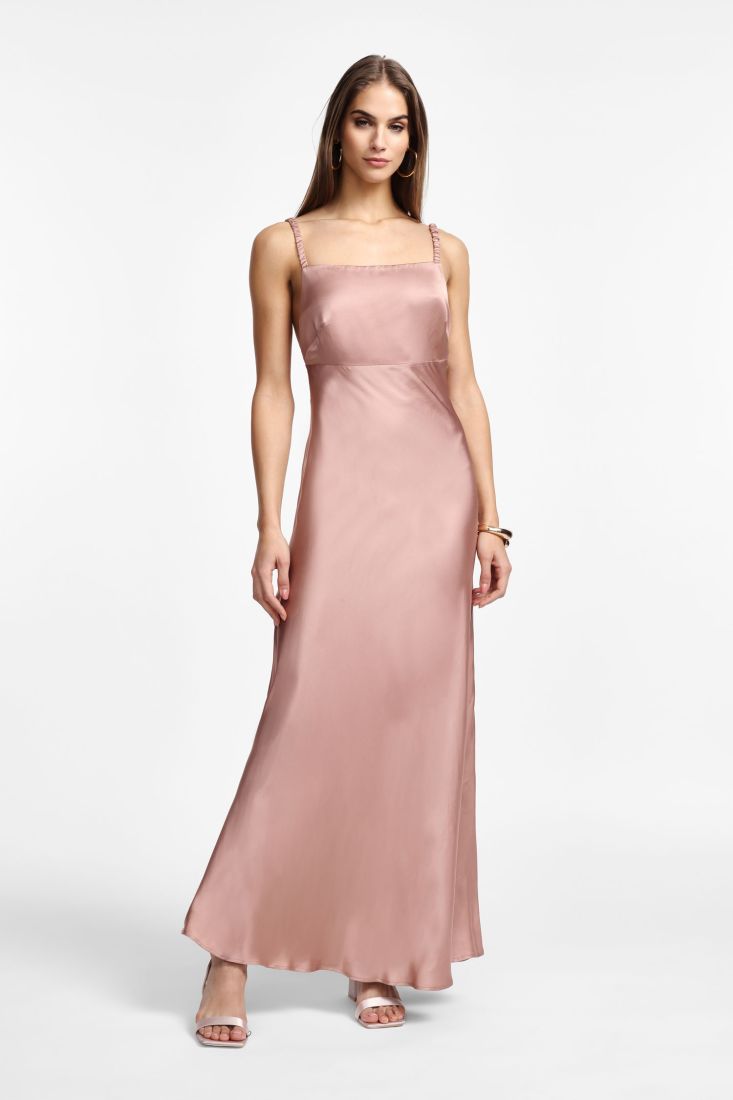 Vestito Please lungo satinato con scollo quadrato Cipria