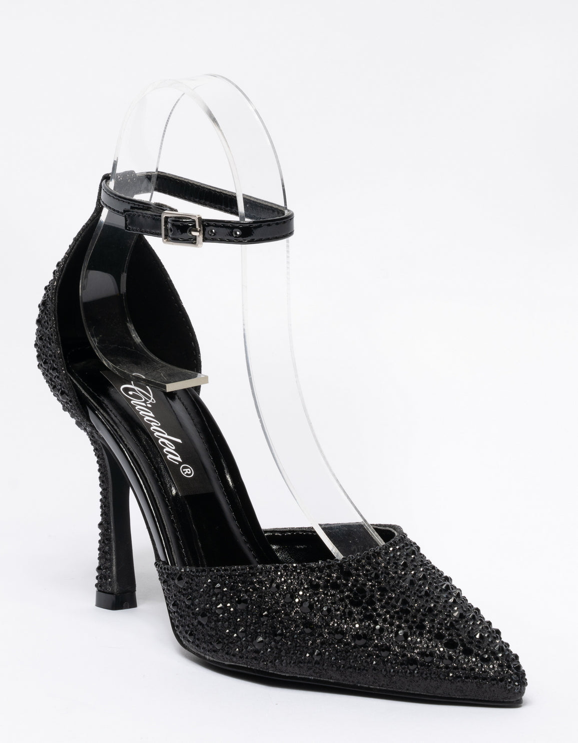 Decolletè a punta con applicazione strass e cinturino alla caviglia - Nero