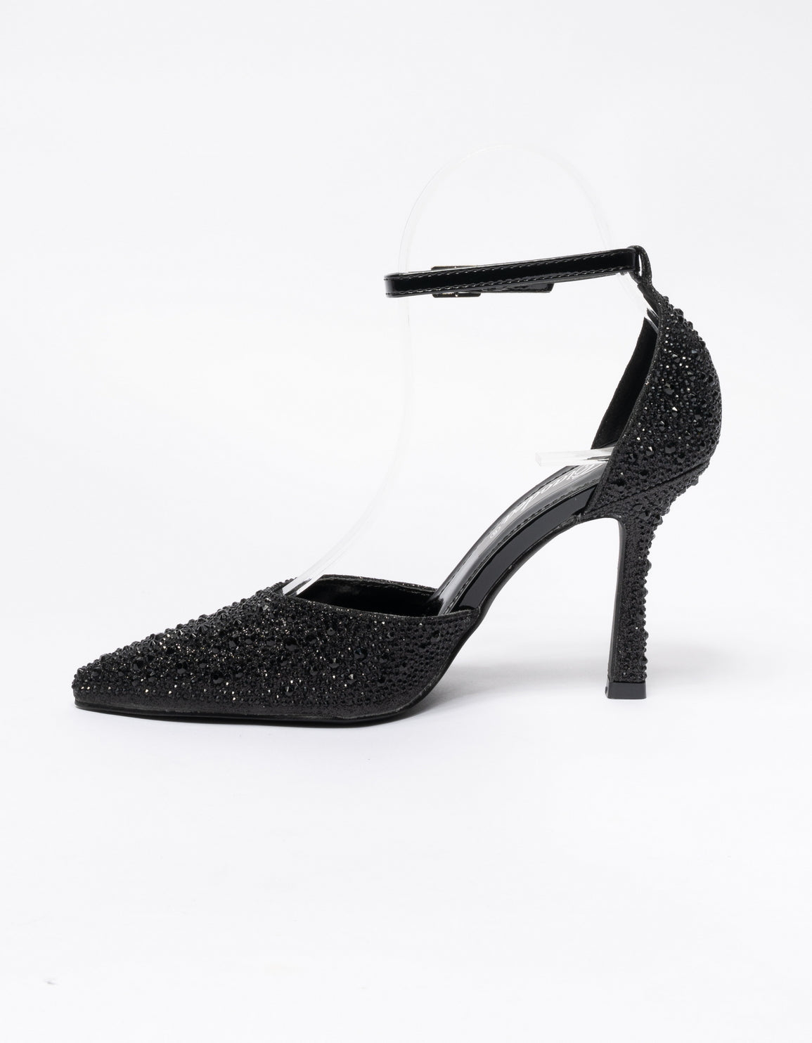 Decolletè a punta con applicazione strass e cinturino alla caviglia - Nero