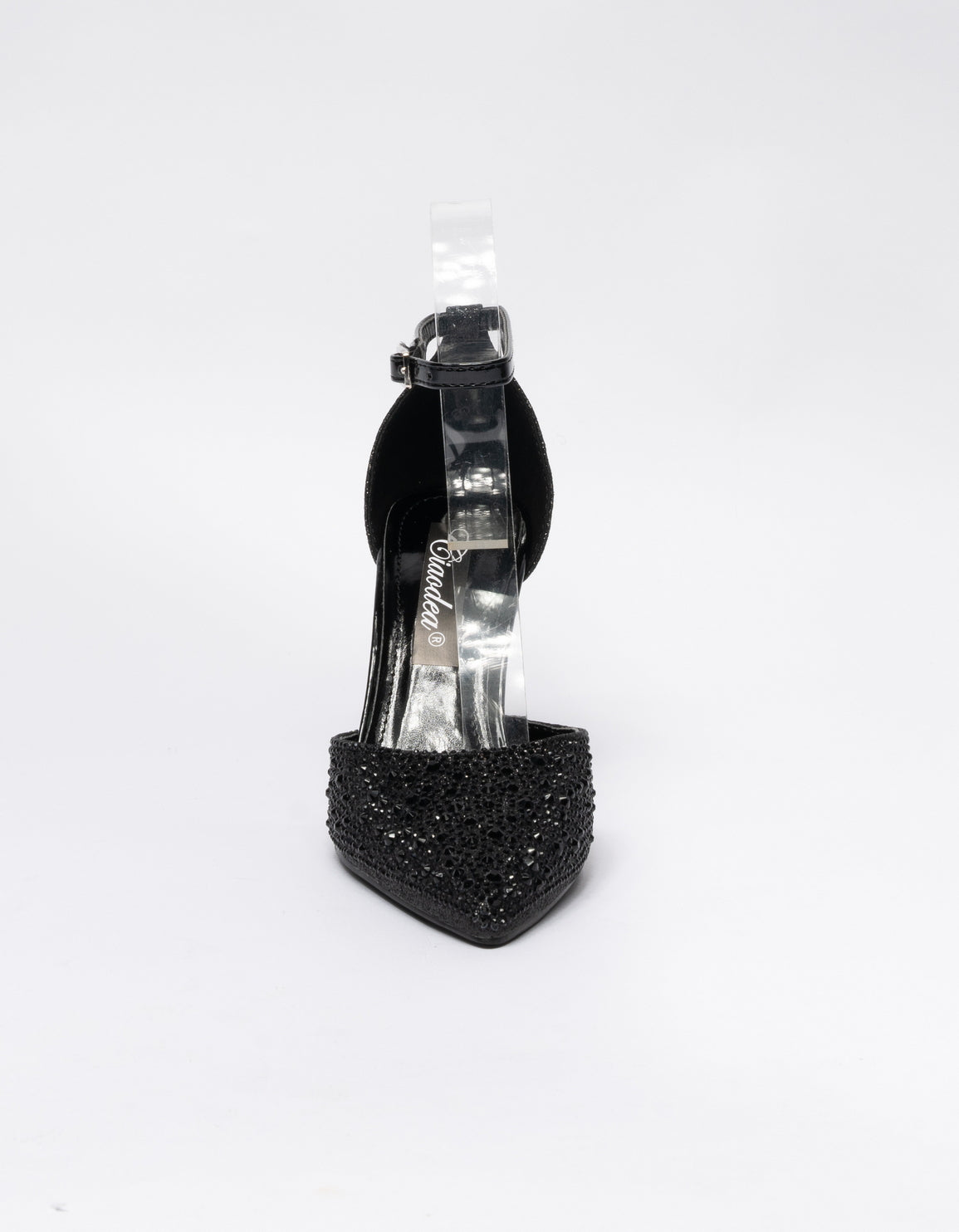 Decolletè a punta con applicazione strass e cinturino alla caviglia - Nero