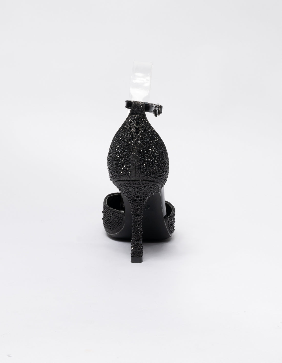 Decolletè a punta con applicazione strass e cinturino alla caviglia - Nero