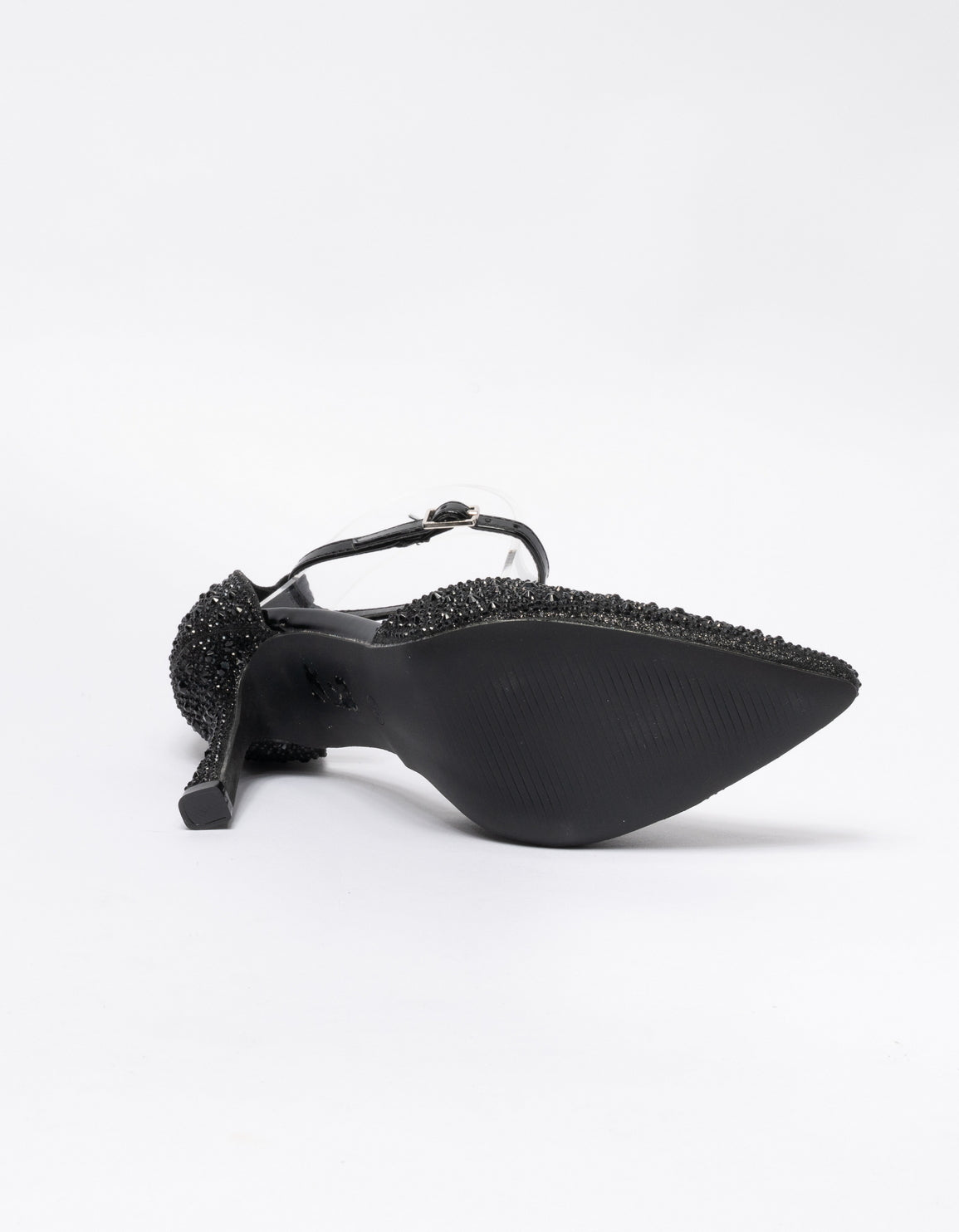 Decolletè a punta con applicazione strass e cinturino alla caviglia - Nero