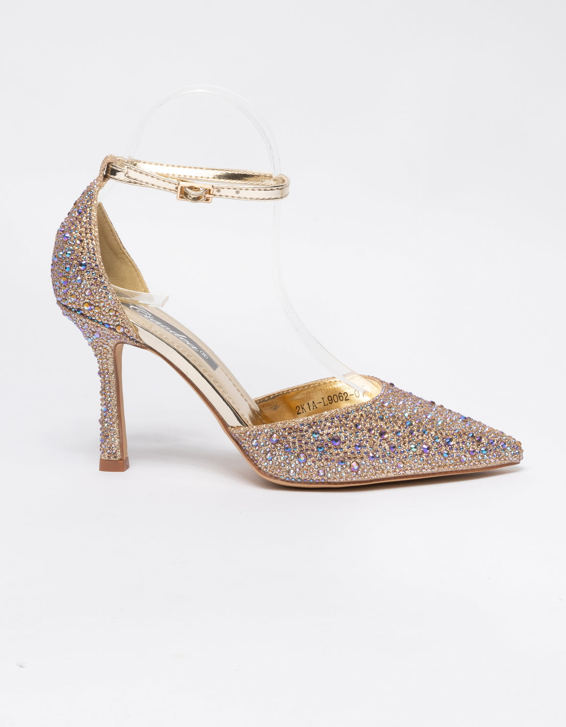 Decolletè a punta con applicazione strass e cinturino alla caviglia - Oro