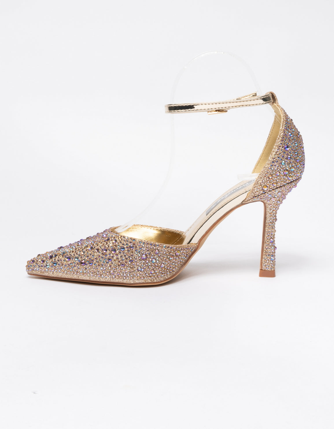 Decolletè a punta con applicazione strass e cinturino alla caviglia - Oro