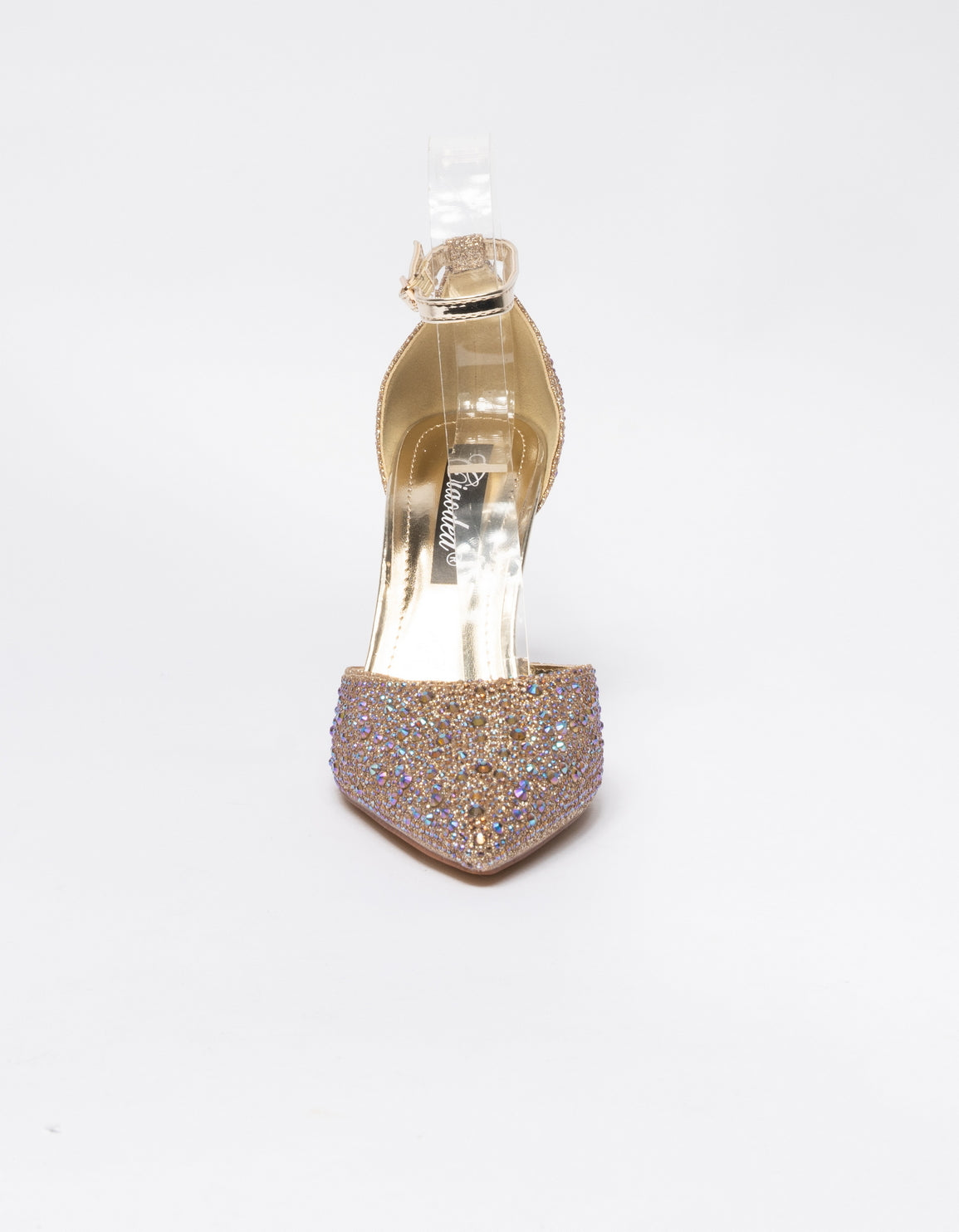 Decolletè a punta con applicazione strass e cinturino alla caviglia - Oro