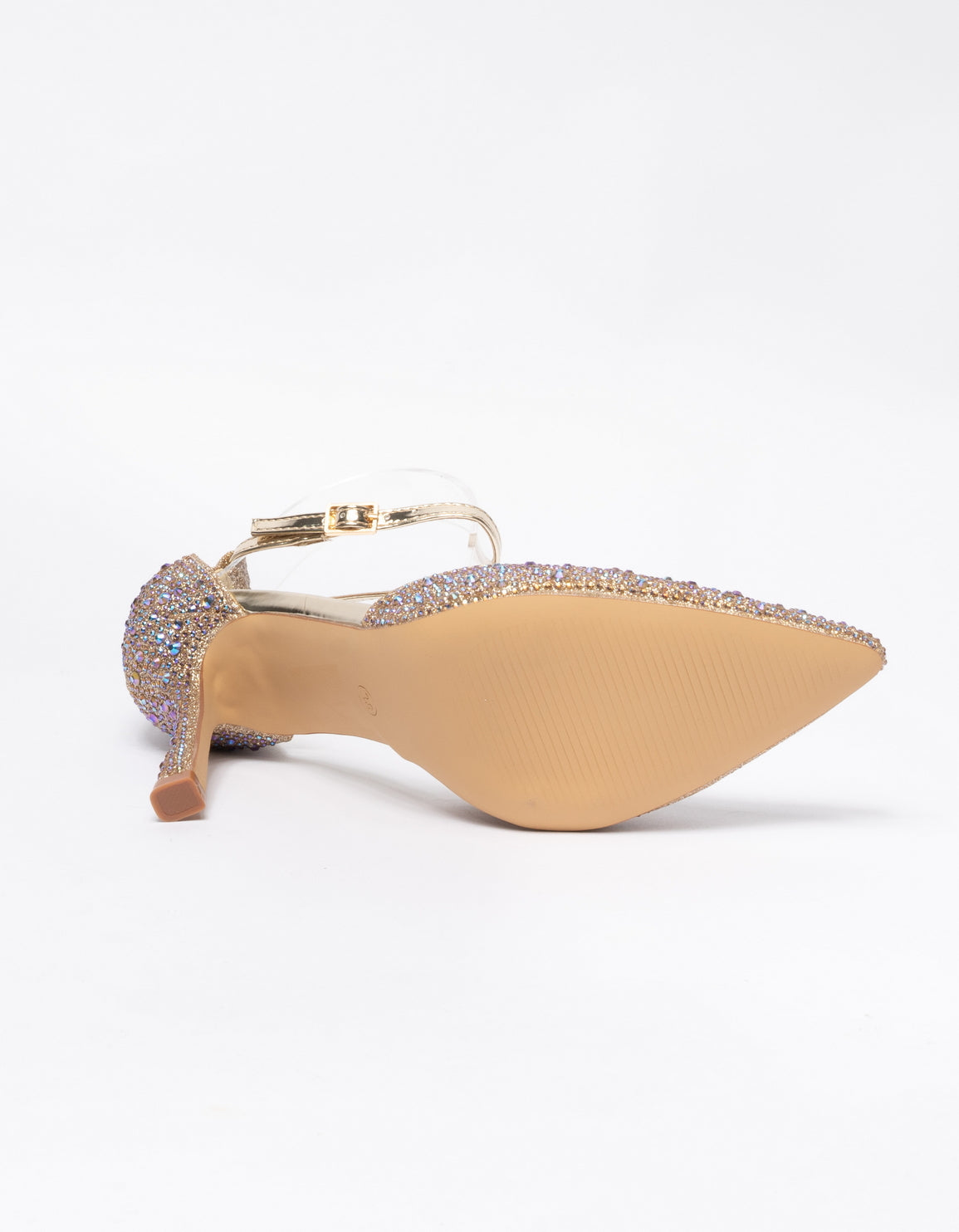 Decolletè a punta con applicazione strass e cinturino alla caviglia - Oro