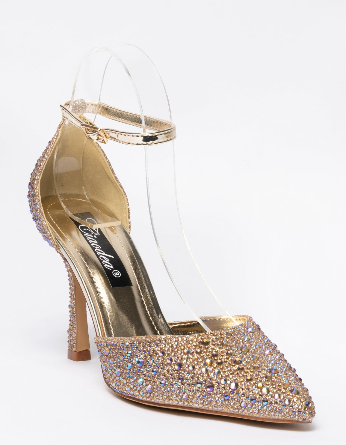 Decolletè a punta con applicazione strass e cinturino alla caviglia - Oro