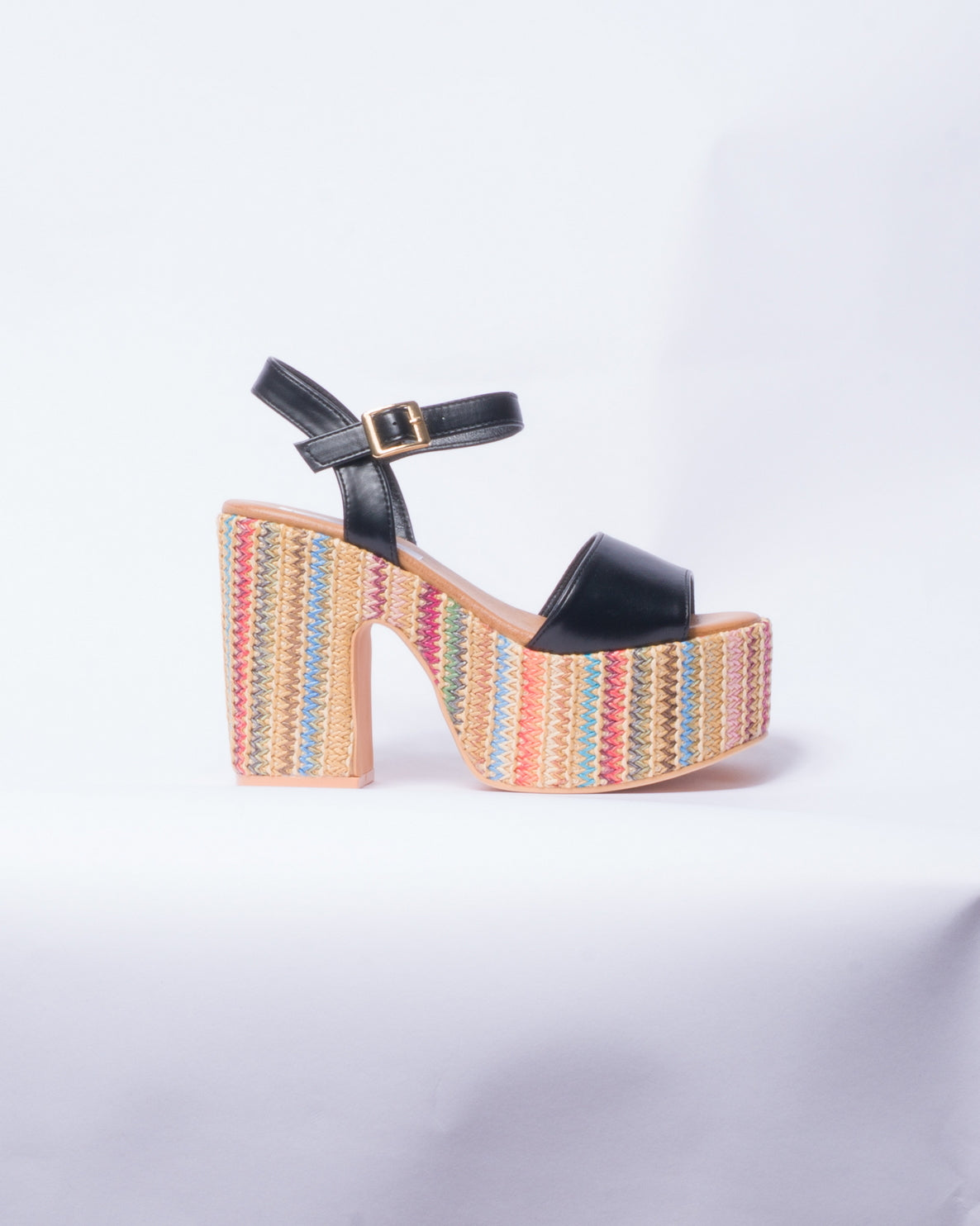 Sandalo a fascia con tacco e plateau multicolor -  Nero