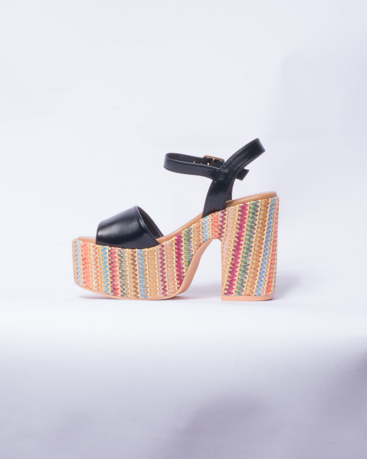 Sandalo a fascia con tacco e plateau multicolor -  Nero