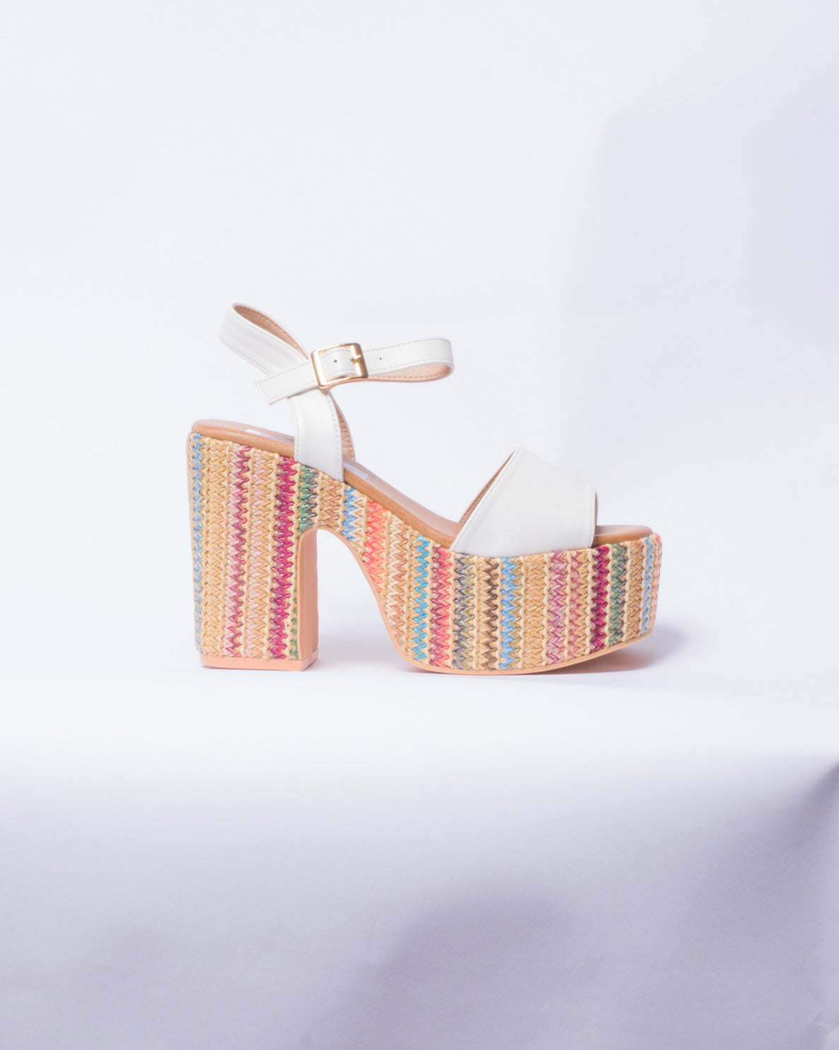 Sandalo a fascia con tacco e plateau multicolor -  Bianco