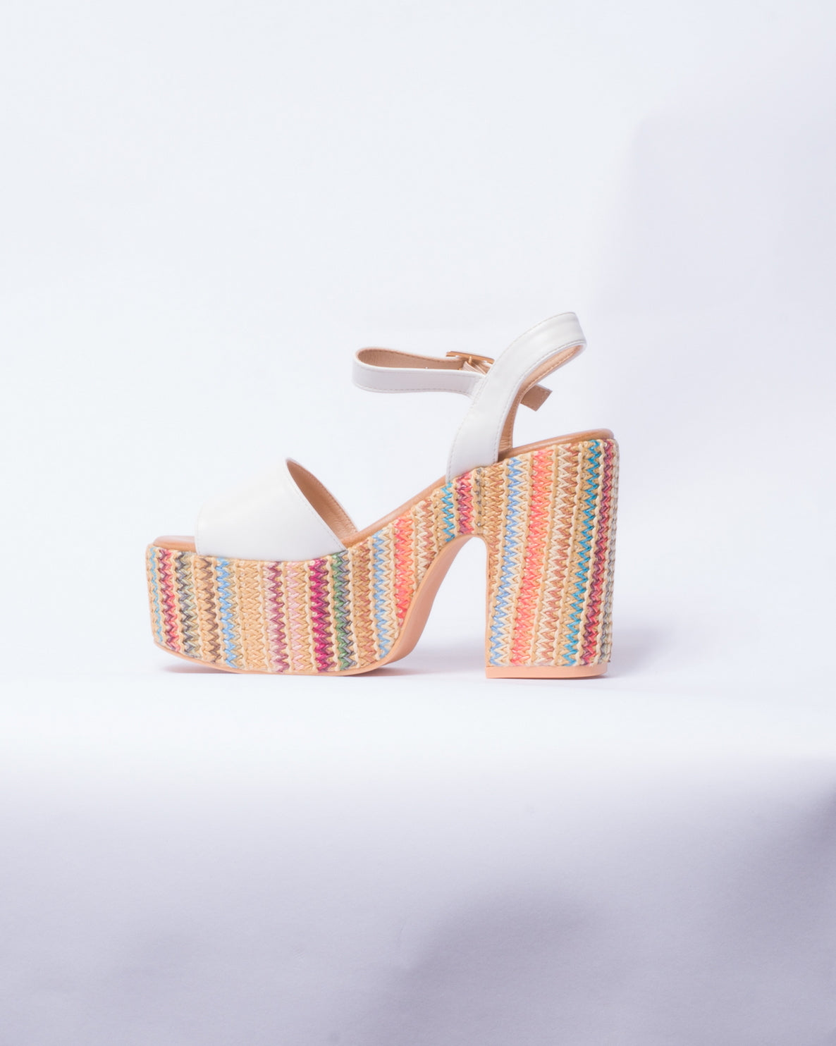 Sandalo a fascia con tacco e plateau multicolor -  Bianco