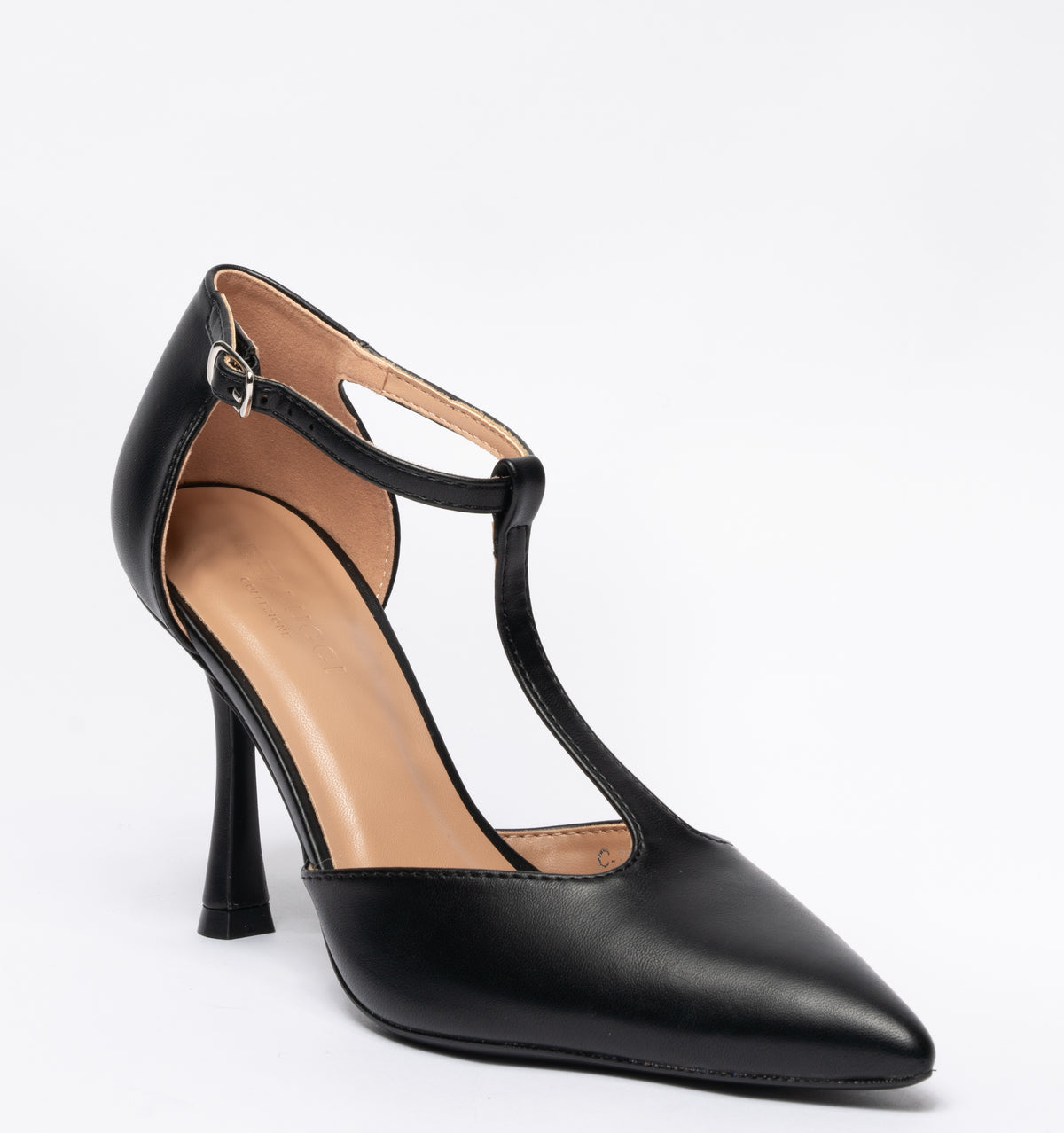 Decolletè in ecopelle a punta tacco a rocchetto cinturino alla caviglia - Nera