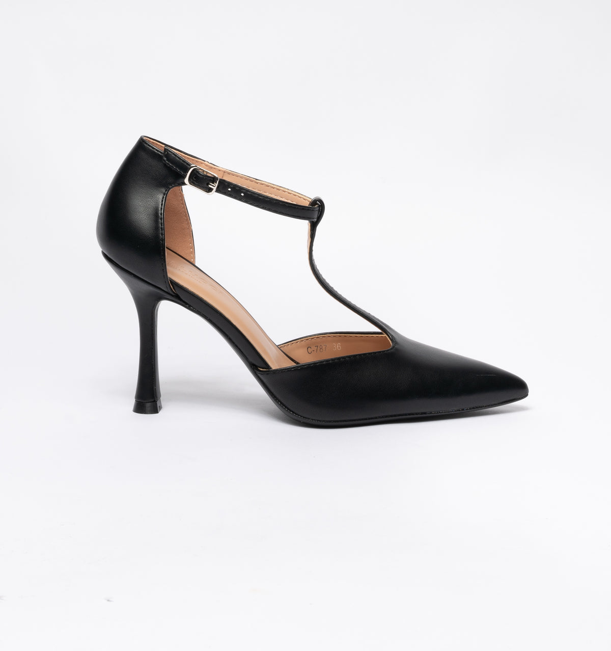 Decolletè in ecopelle a punta tacco a rocchetto cinturino alla caviglia - Nera