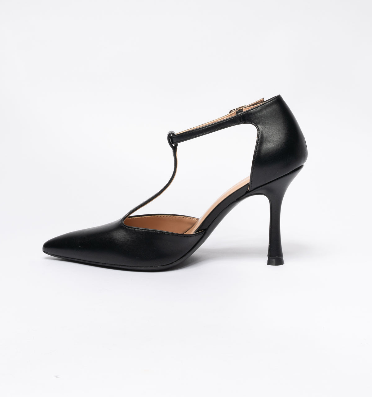 Decolletè in ecopelle a punta tacco a rocchetto cinturino alla caviglia - Nera