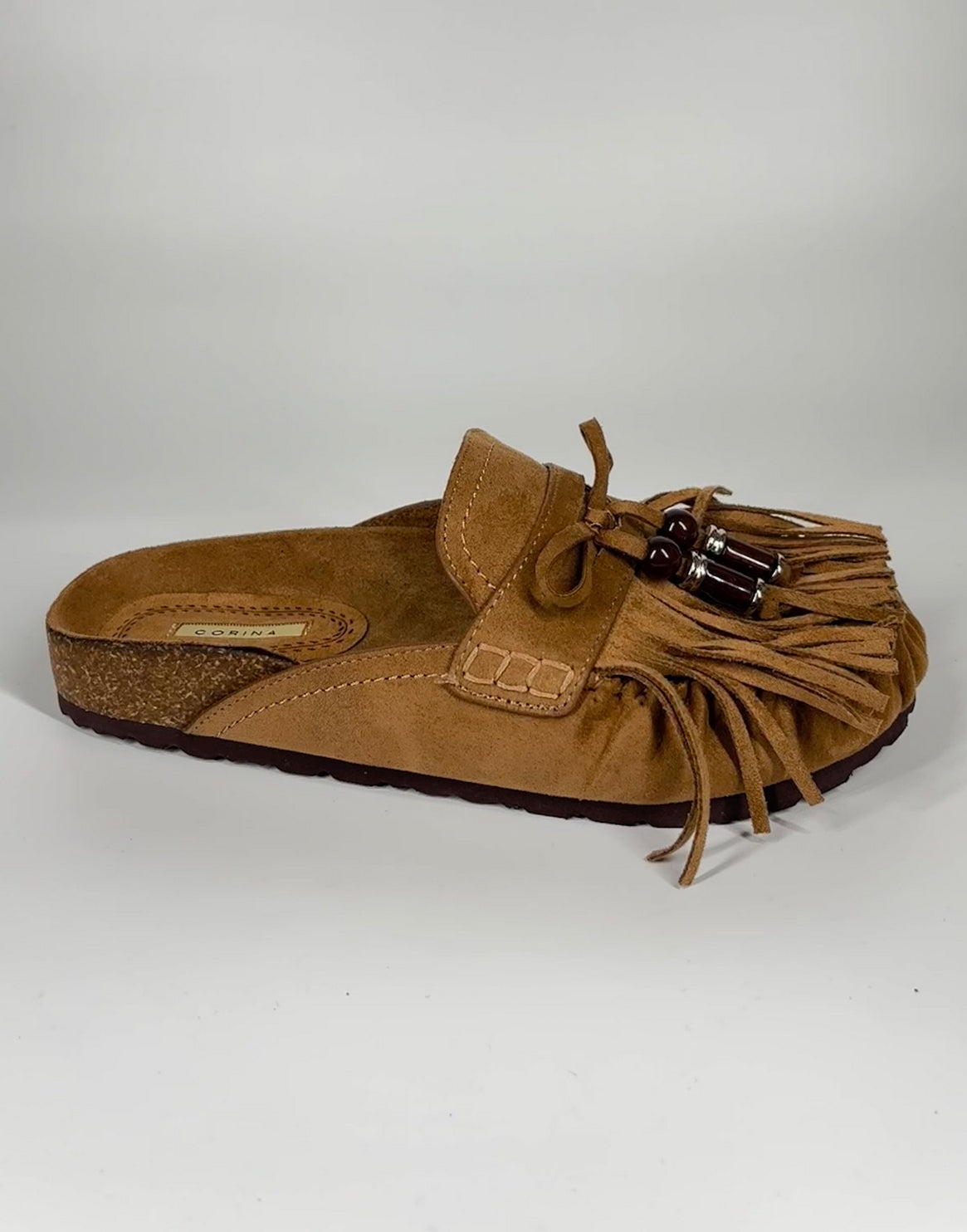 Ciabatta in Camoscio con Frange e Perline - Cammello