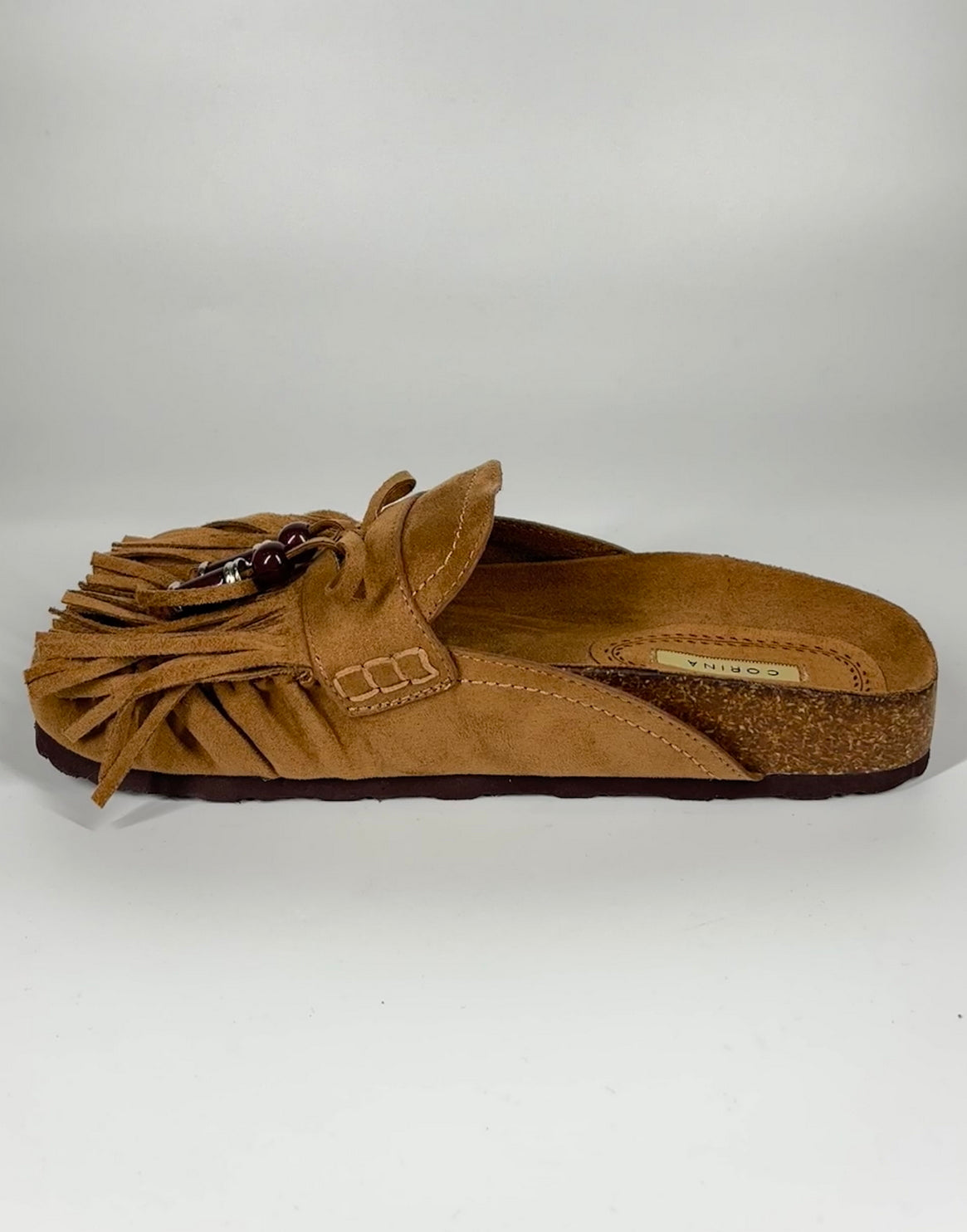 Ciabatta in Camoscio con Frange e Perline - Cammello