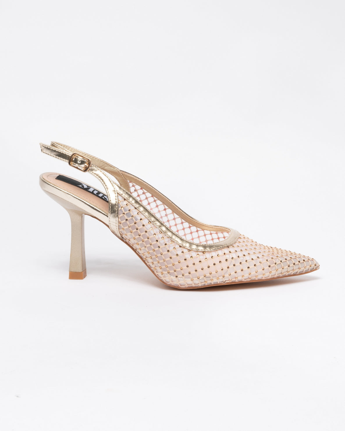 Decolleté a punta con strass-Beige