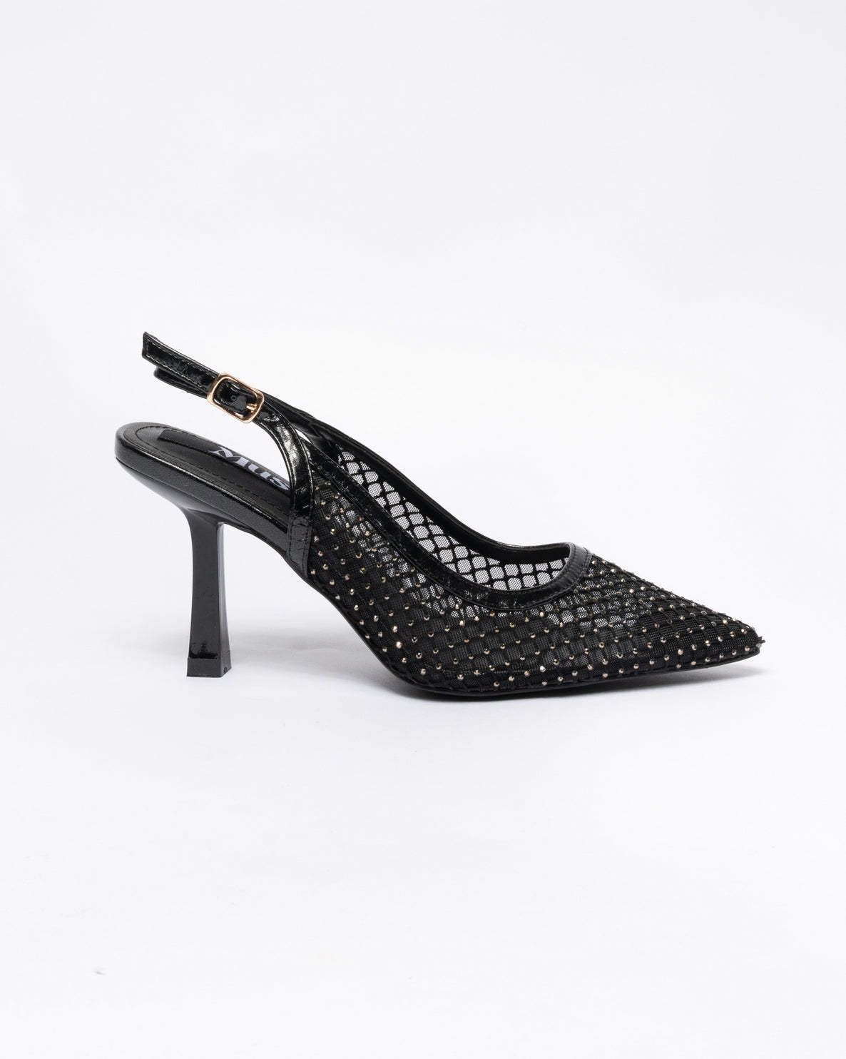 Decolleté a punta con strass-Nero