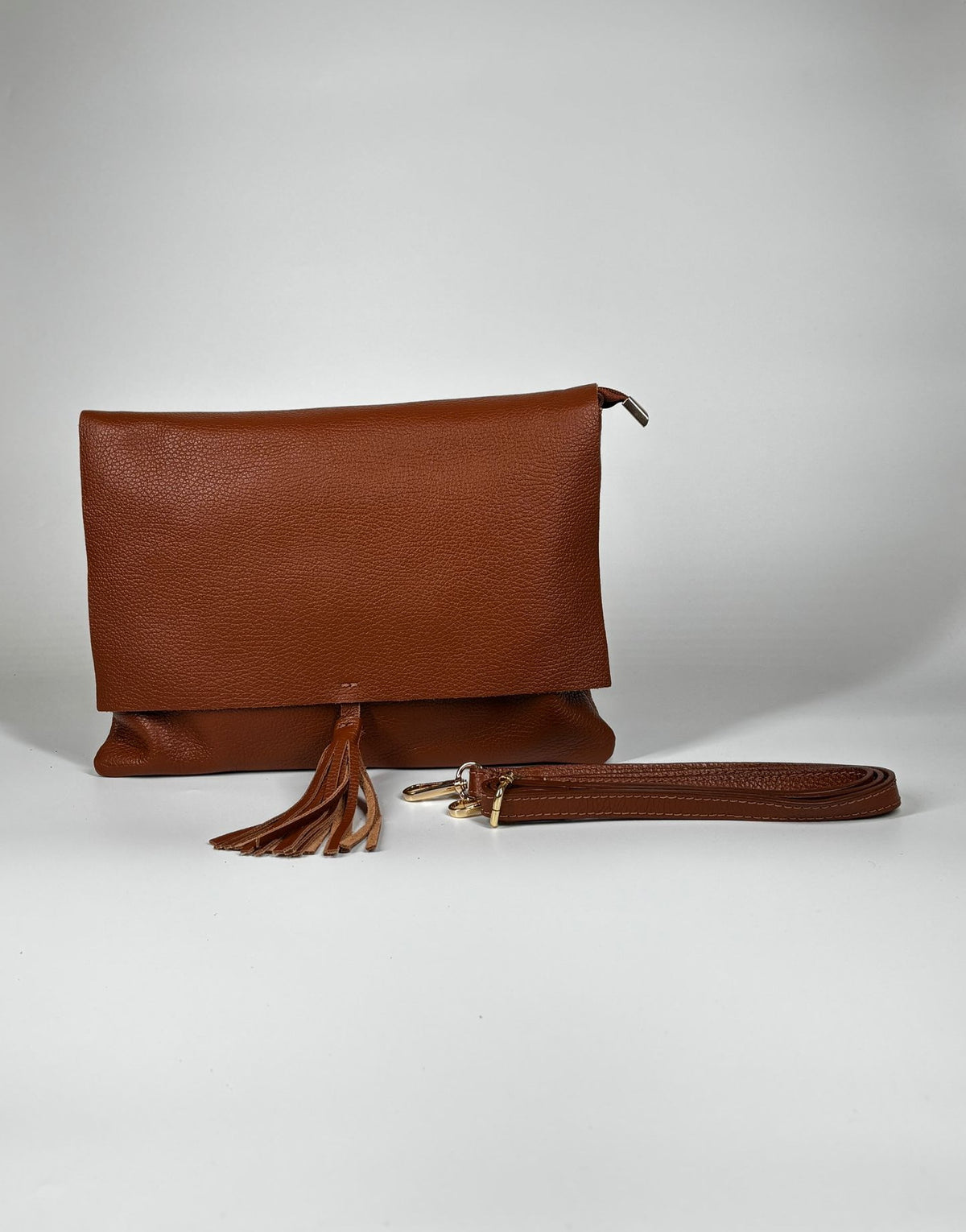 Borsa in vera pelle con nappina con frange - Marrone