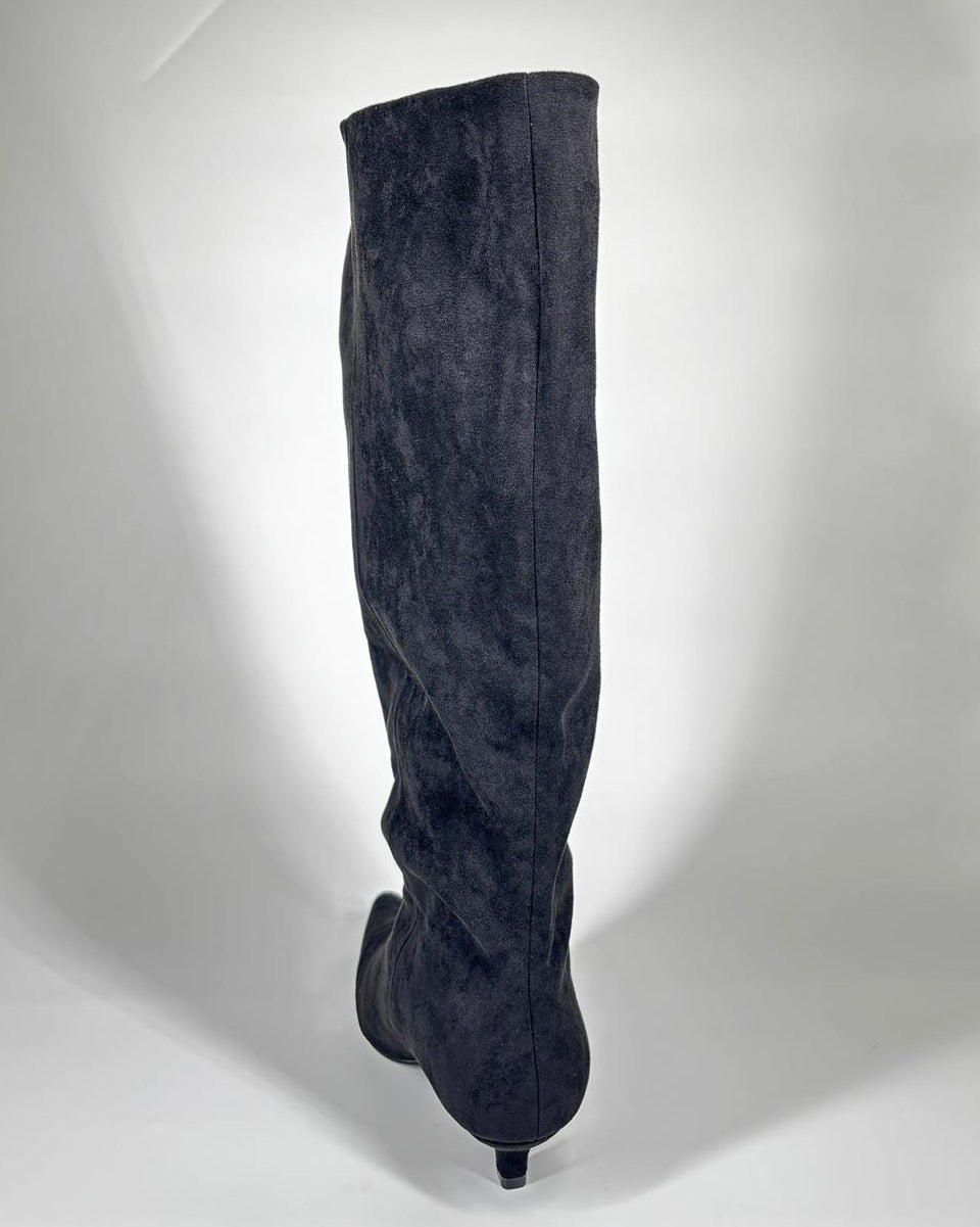 Stivali al Ginocchio in Suede con Tacco a Spillo Basso - Nero
