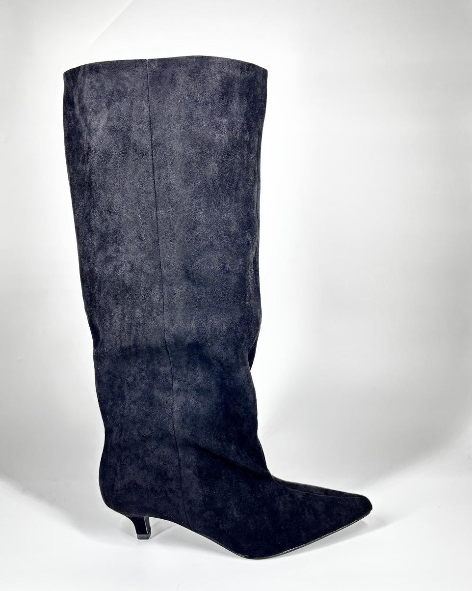 Stivali al Ginocchio in Suede con Tacco a Spillo Basso - Nero