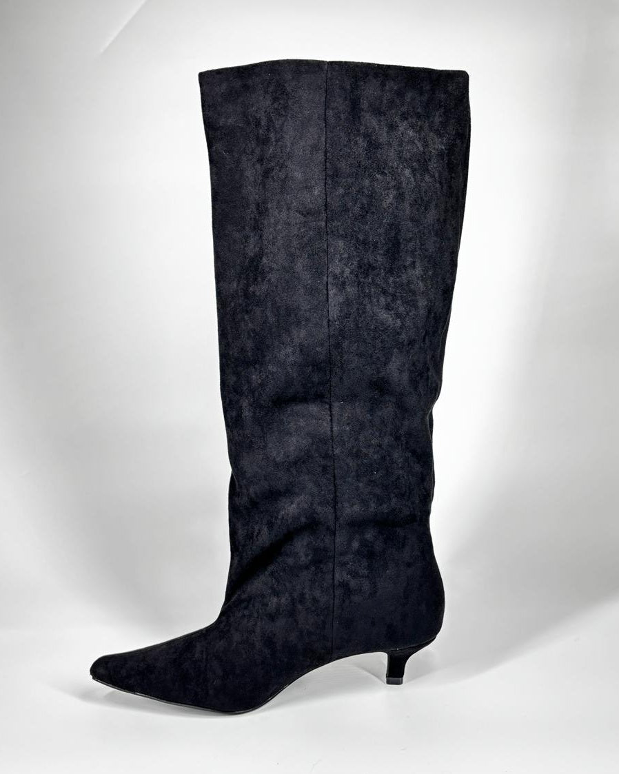 Stivali al Ginocchio in Suede con Tacco a Spillo Basso - Nero