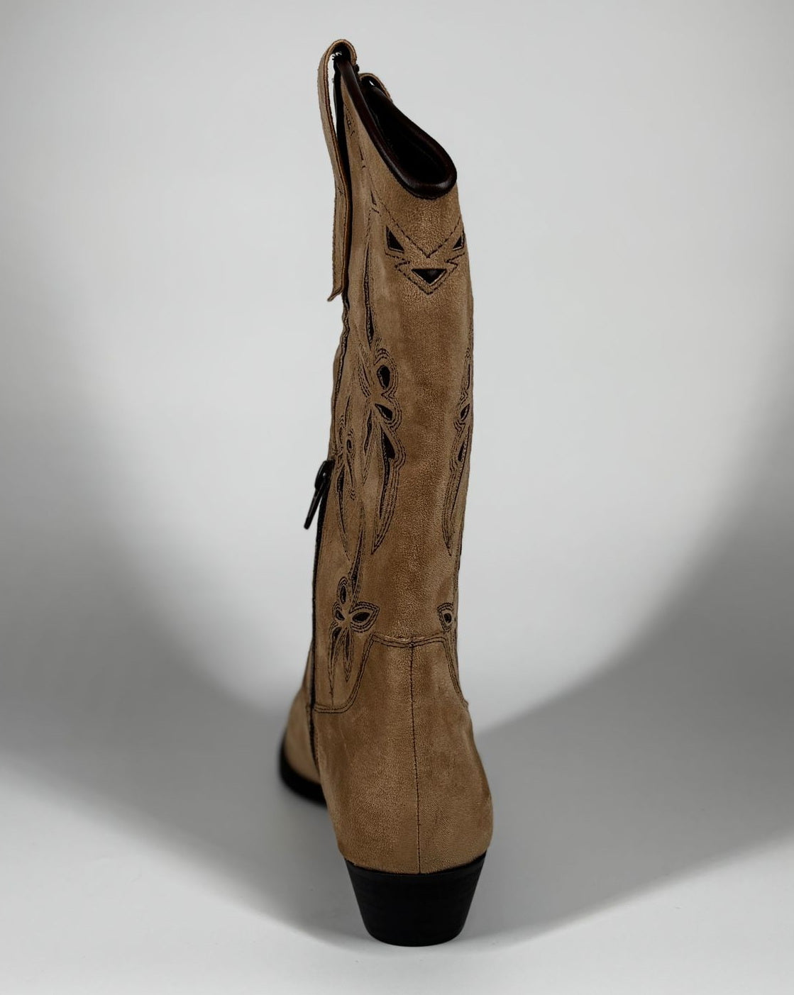 Stivale Cowboy Alto in Suedé con Ricami Floreali - Marrone