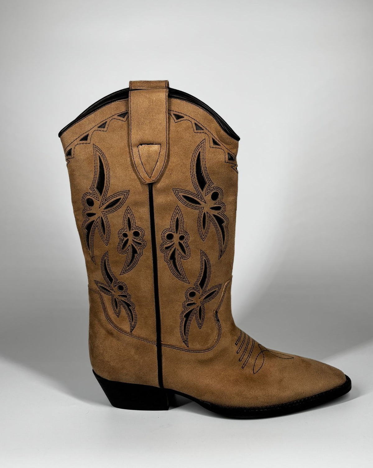 Stivale Cowboy Alto in Suedé con Ricami Floreali - Marrone