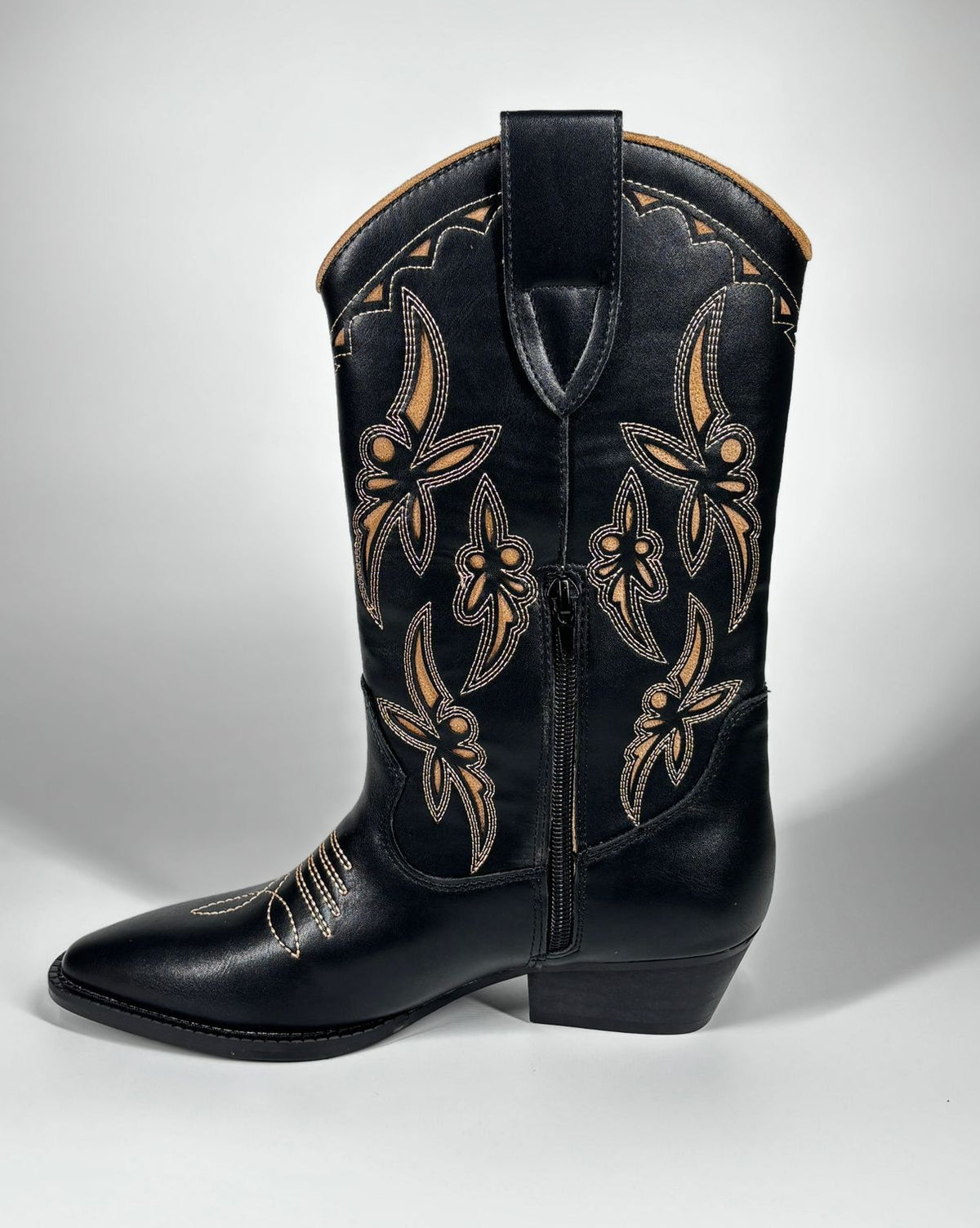 Stivale Cowboy Alto in Suedé con Ricami Floreali - Nero