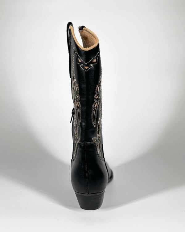 Stivale Cowboy Alto in Suedé con Ricami Floreali - Nero