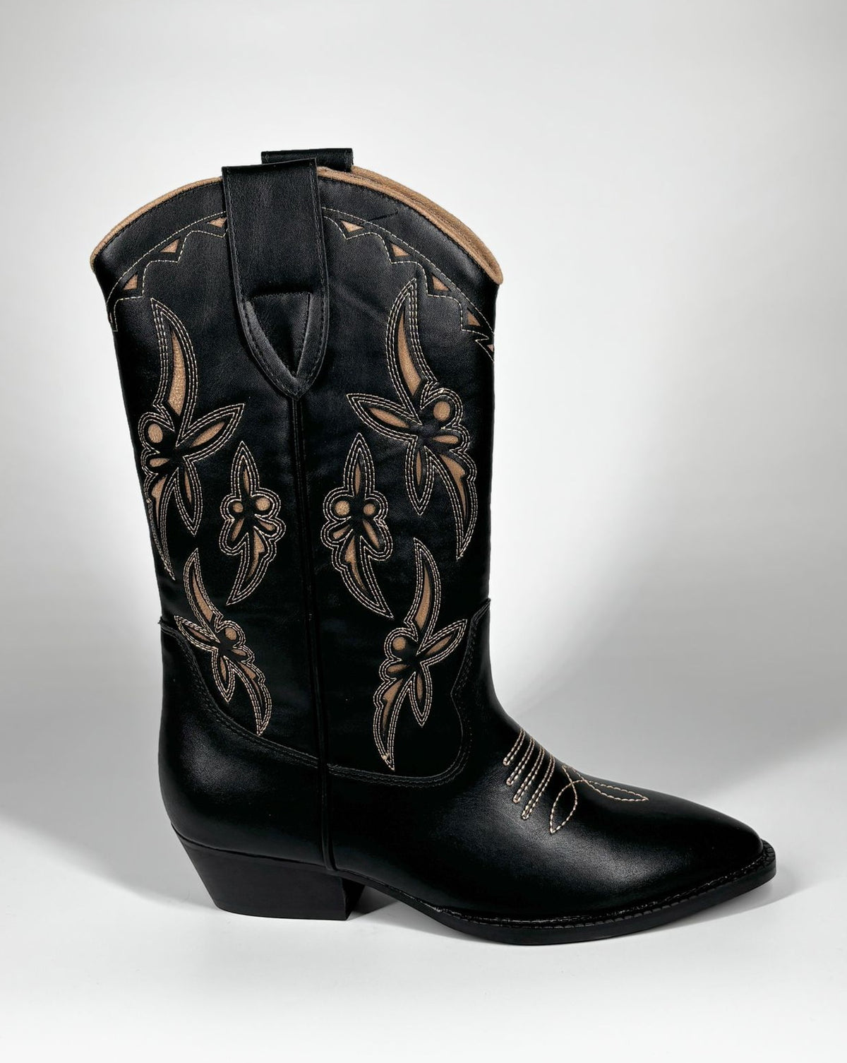 Stivale Cowboy Alto in Suedé con Ricami Floreali - Nero