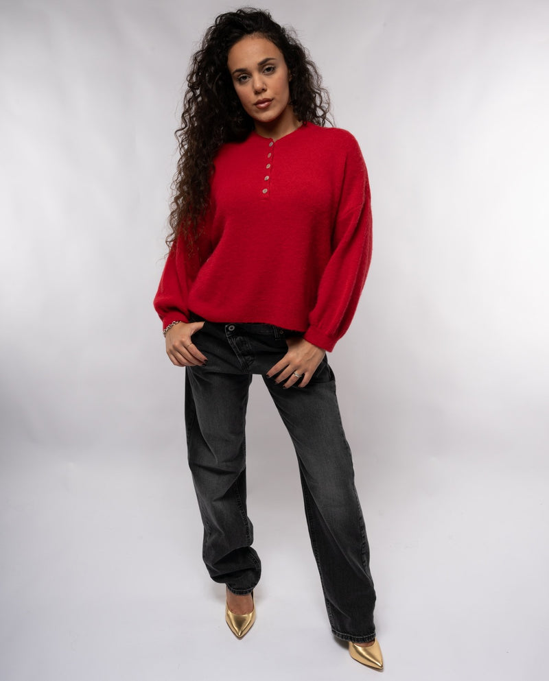 Maglione da donna Please in maglia maniche lunghe girocollo con bottoncini ROSSO