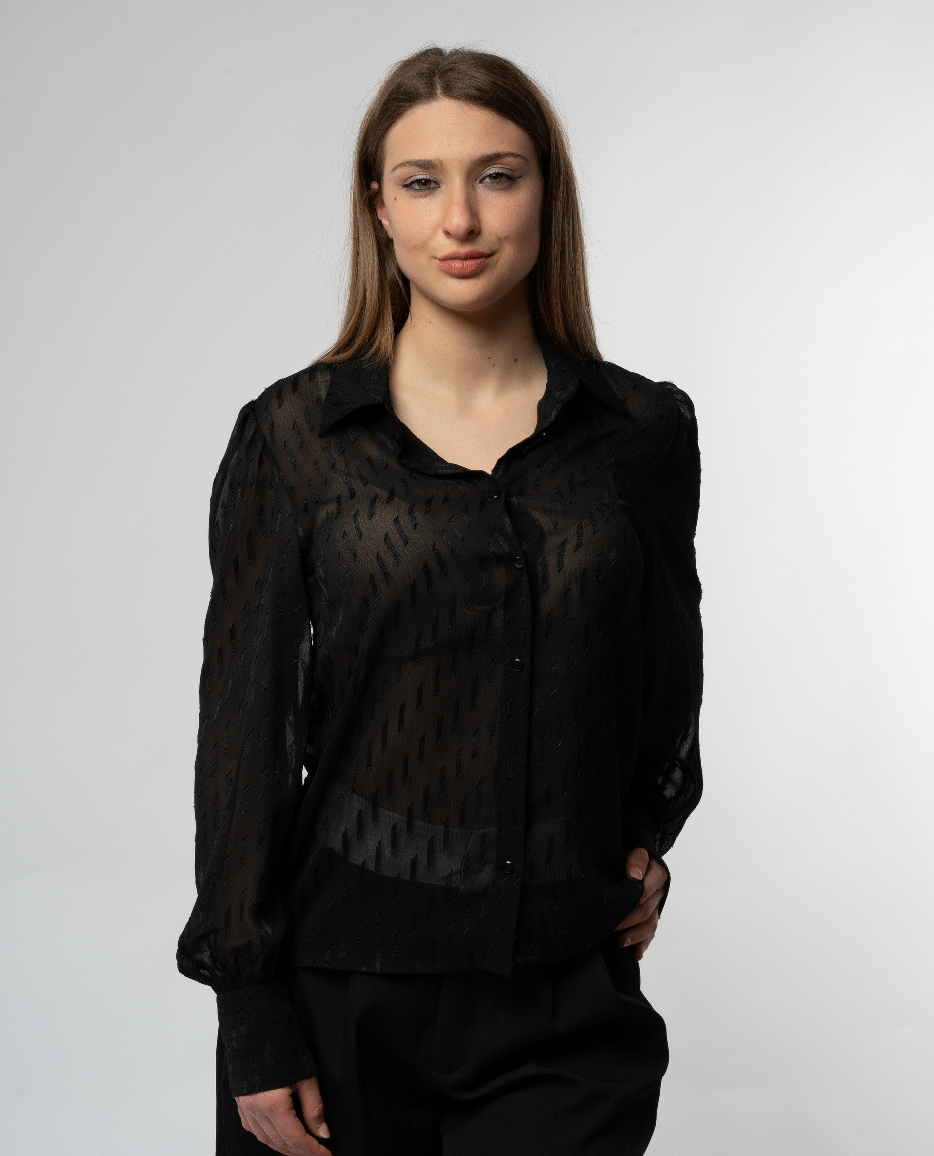 Camicia Zahjr maniche lunghe trasparente con fantasia geometrica tone on tone NERO