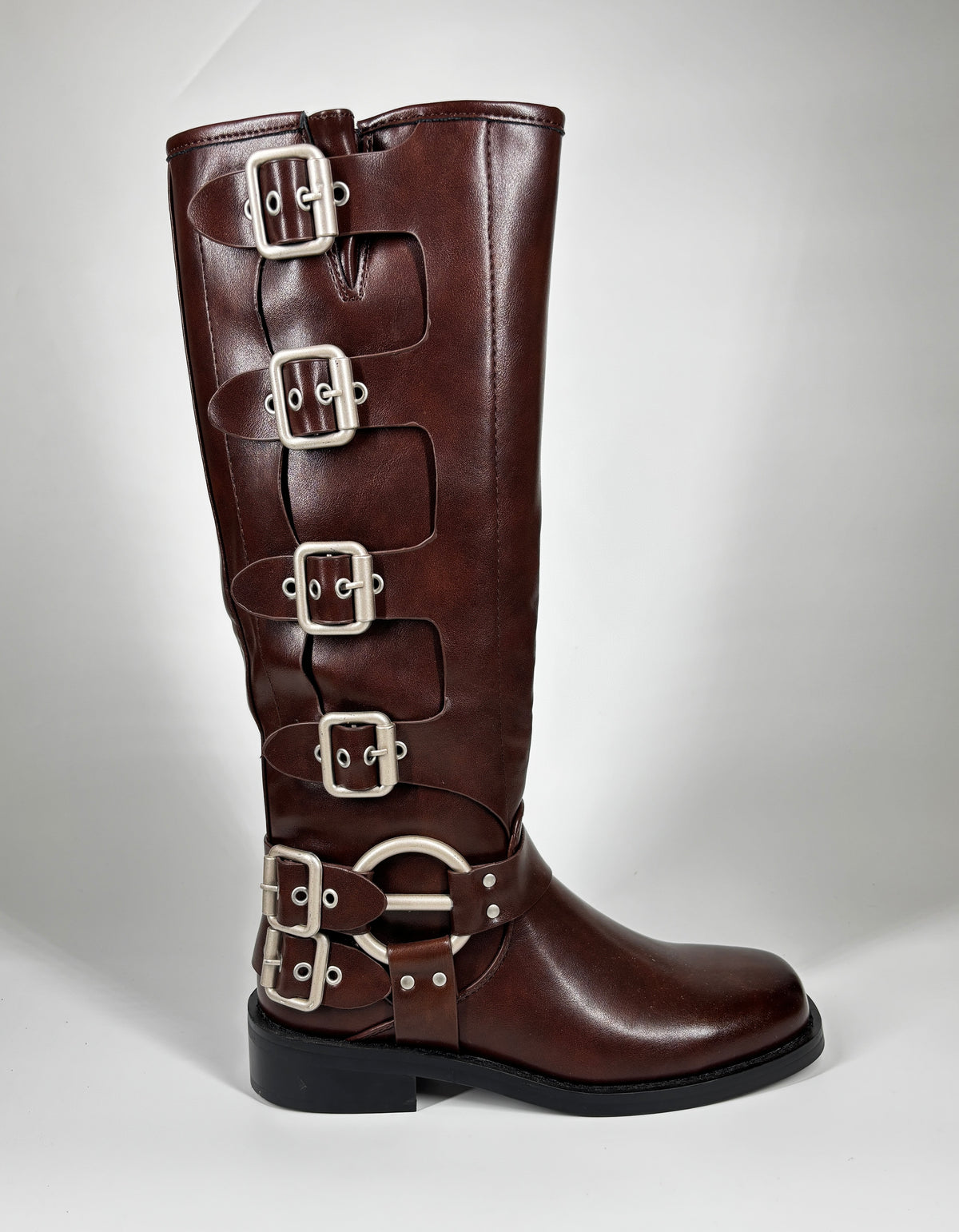 Stivali Biker Alti 'Rebel' con Fibbie Multiple in Similpelle - Marrone