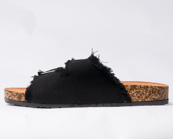 Sandalo con doppia fibbia regolabile in tessuto jeans - Nero