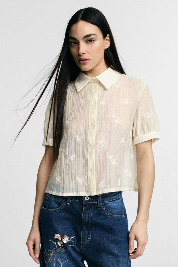 Camicia Please cropped con maniche corte e ricamo floreale