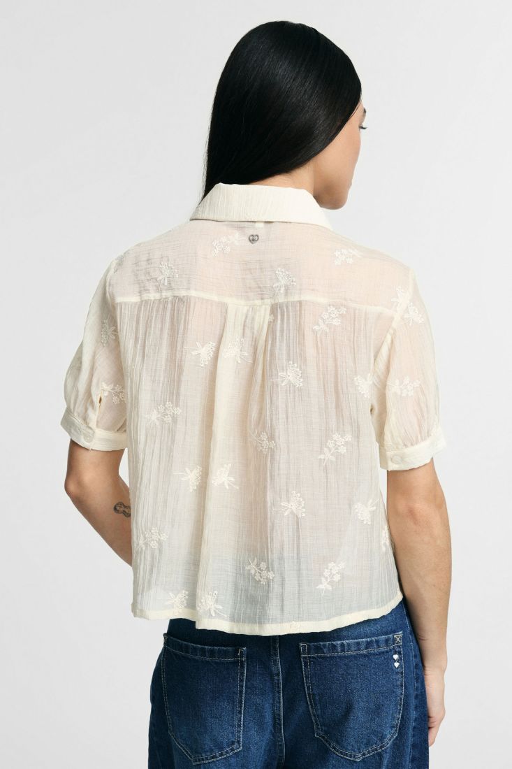 Camicia Please cropped con maniche corte e ricamo floreale