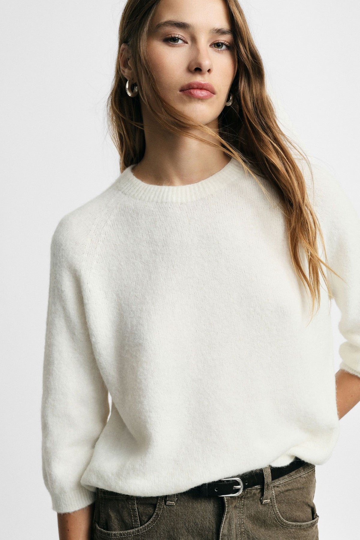 Maglione girocollo maniche 3/4 tinta unita Please - Panna