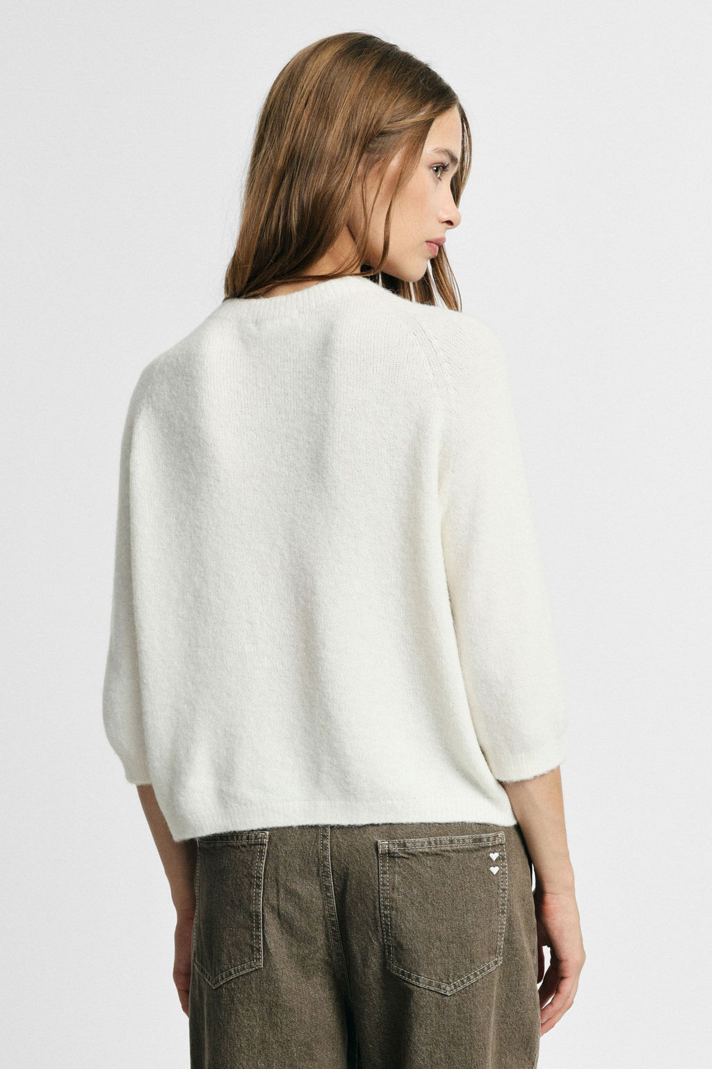 Maglione girocollo maniche 3/4 tinta unita Please - Panna