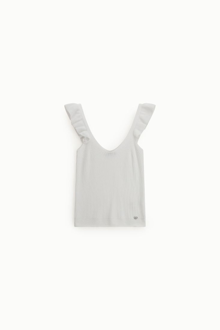 Top Please a costine con spalline arricciate e scollo a v - Bianco