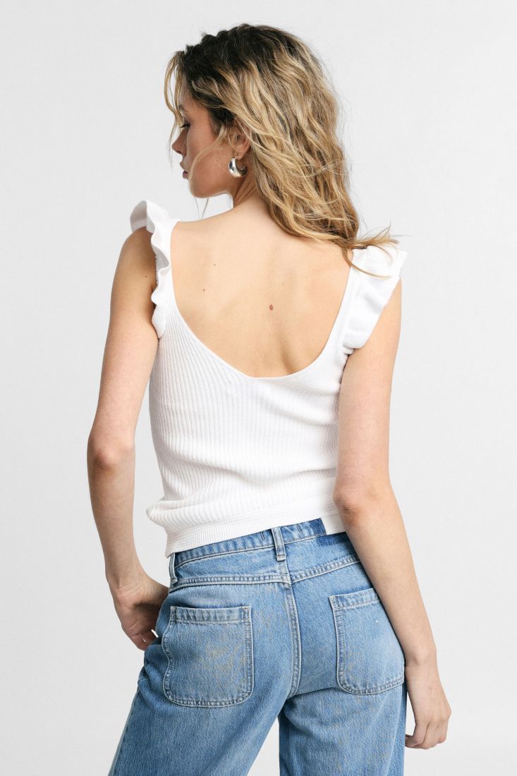 Top Please a costine con spalline arricciate e scollo a v - Bianco