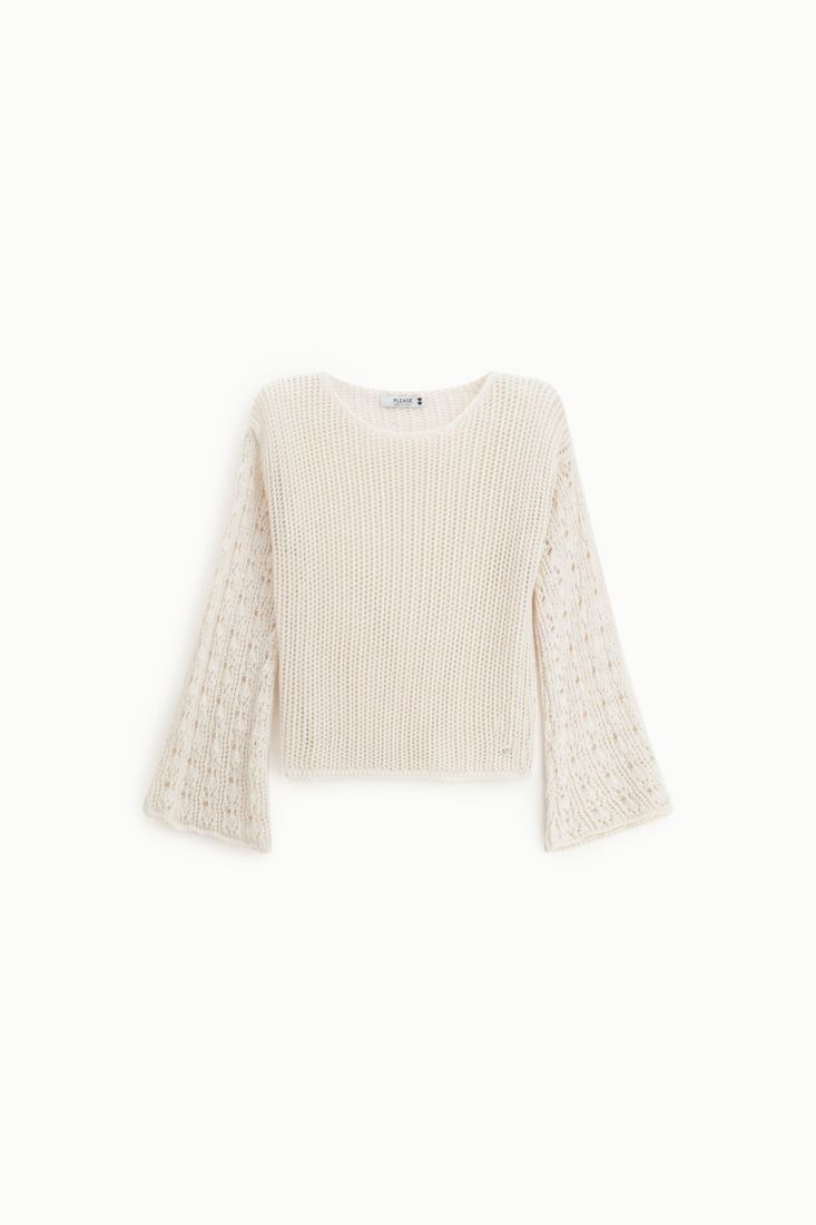 Maglione traforato maniche lunghe svasate girocollo