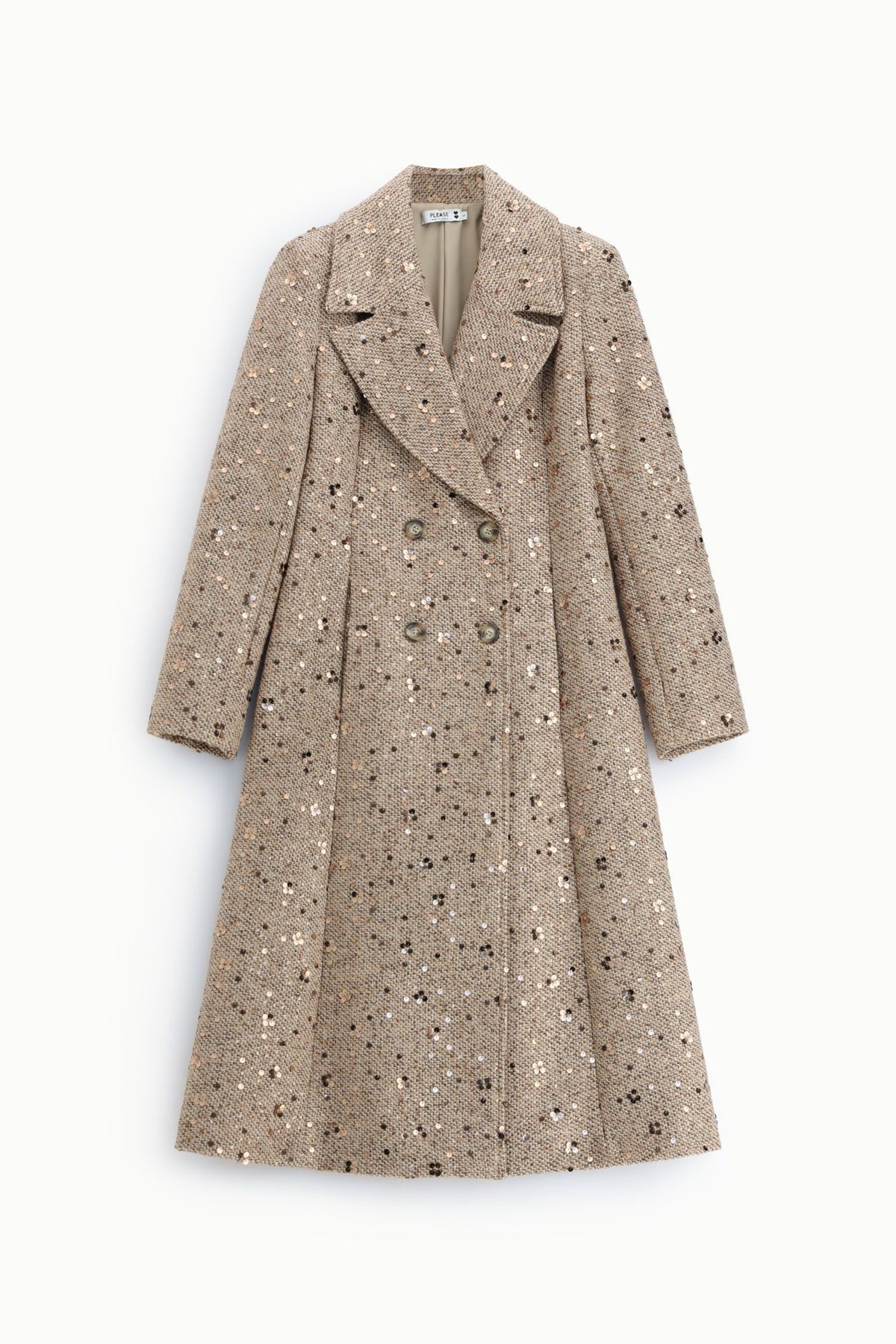 Cappotto doppiopetto con paillettes e revers ampi Please -  Beige