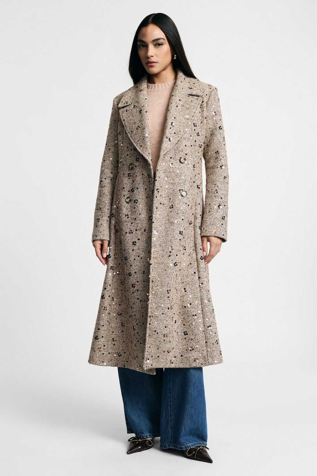 Cappotto doppiopetto con paillettes e revers ampi Please -  Beige