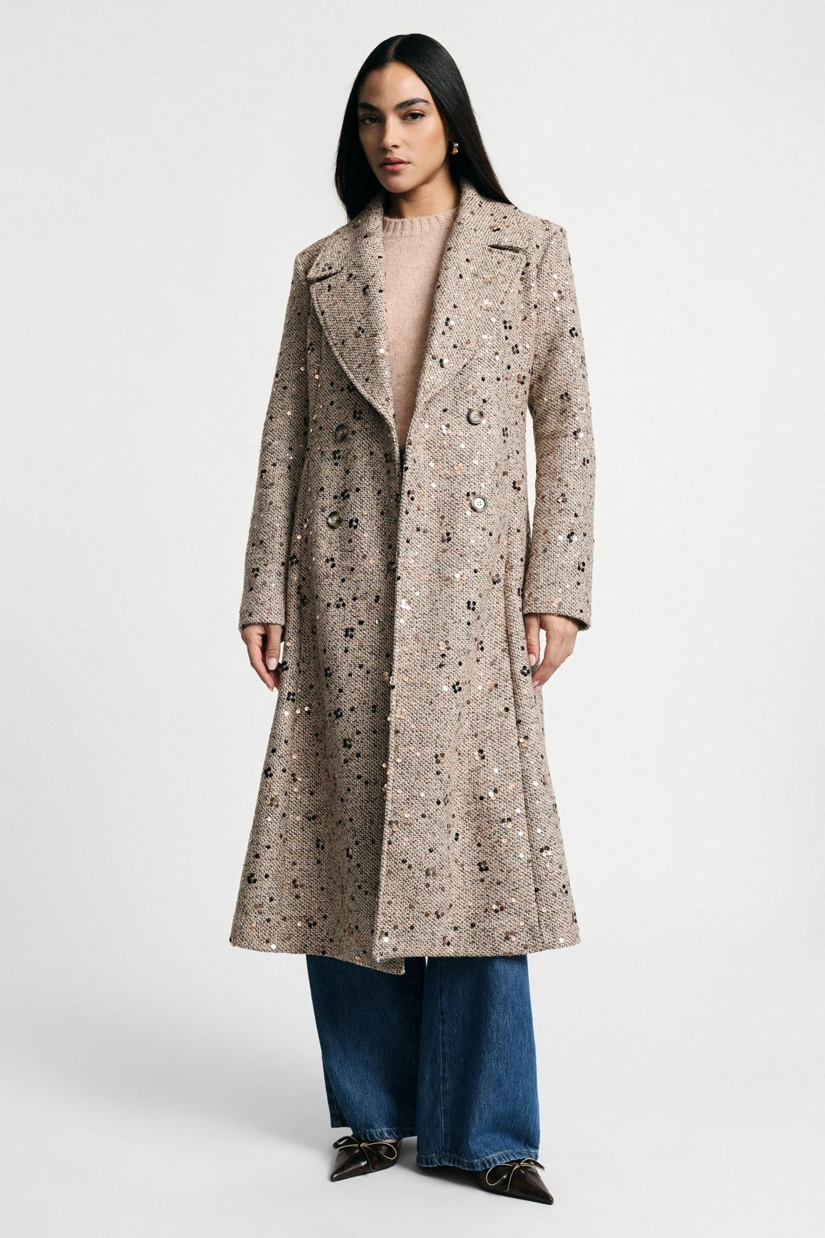 Cappotto doppiopetto con paillettes e revers ampi Please -  Beige