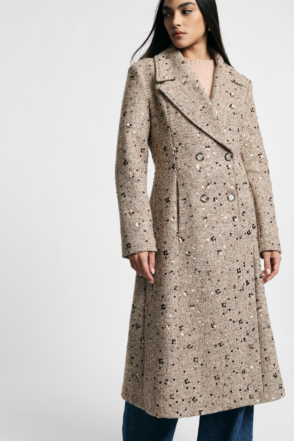 Cappotto doppiopetto con paillettes e revers ampi Please -  Beige