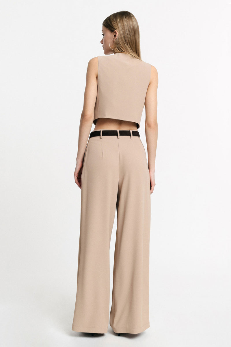 Pantaloni please palazzo a vita alta con pinces - Beige