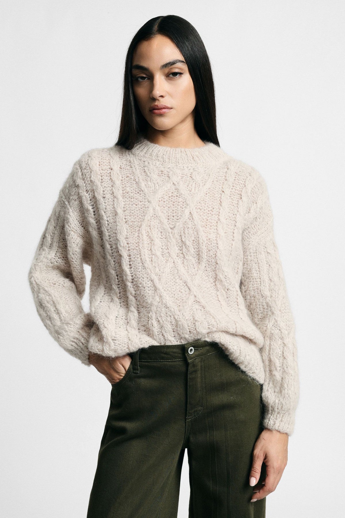 Maglione a trecce con maniche lunghe Please - Sabbia