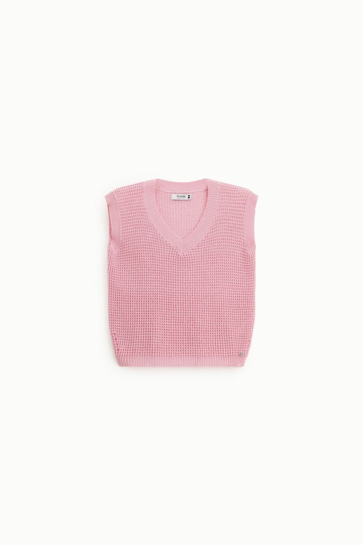 Top a maglia Please senza maniche con scollo a v - Rosa