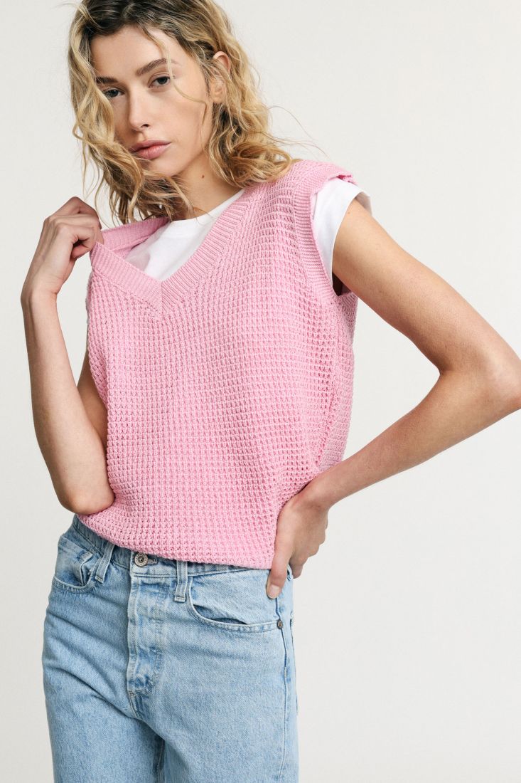 Top a maglia Please senza maniche con scollo a v - Rosa